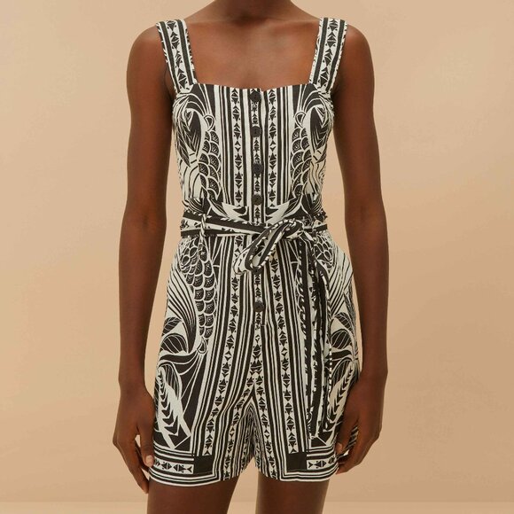 NEW FARM Rio Off-White Monochrome Elegance Scarf Romper Black White Size L